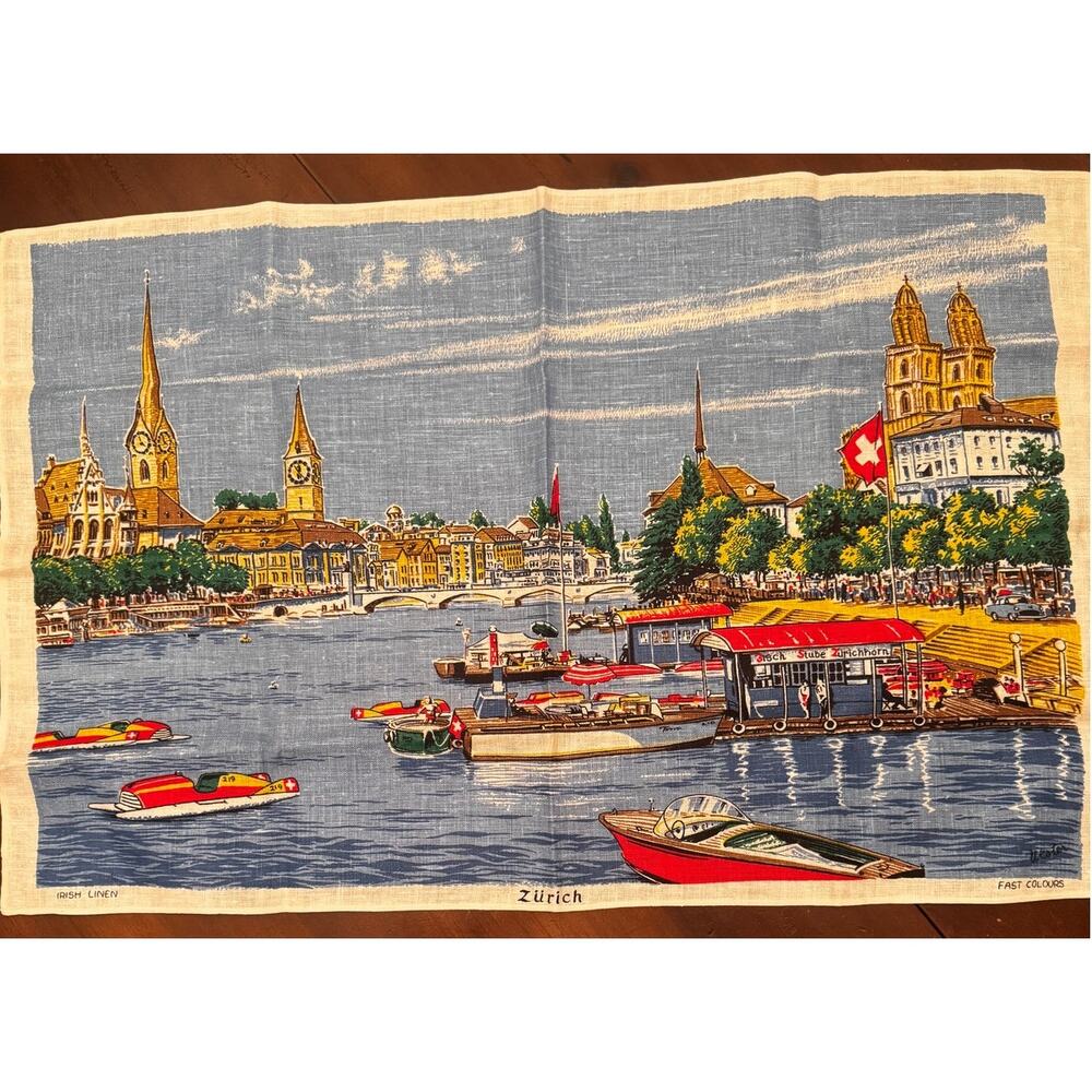 Vtg MCM Zurich, Switzerland Linen Tea Towel - Unused Circa 1960's